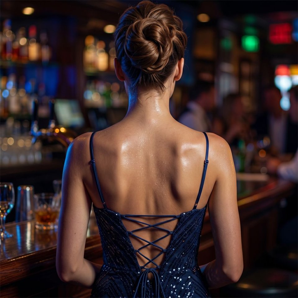 Deep V-Neck Sequin Evening Dress (Navy Blue) (Made To Order)