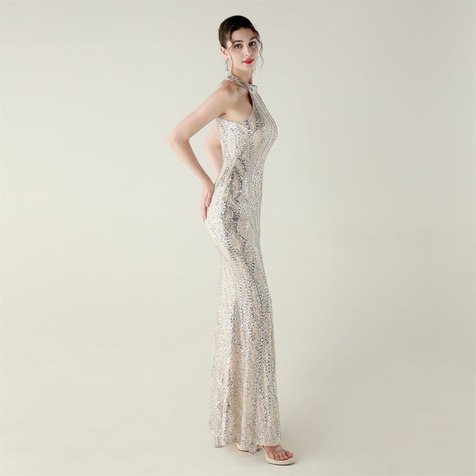 Halter Neck Sequins Backless Fitted Evening Gown (Silver) (Made To Order)
