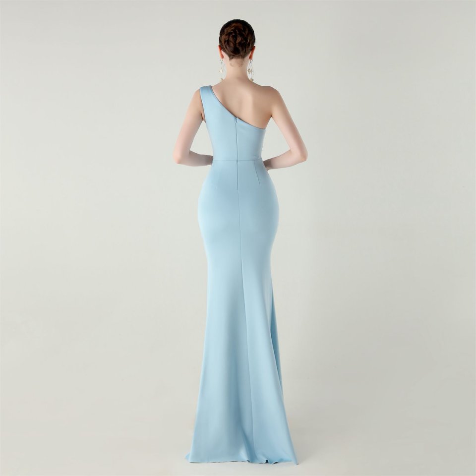 One Side Shoulder Pleated Evening Gown (Light Blue) (Made To Order)