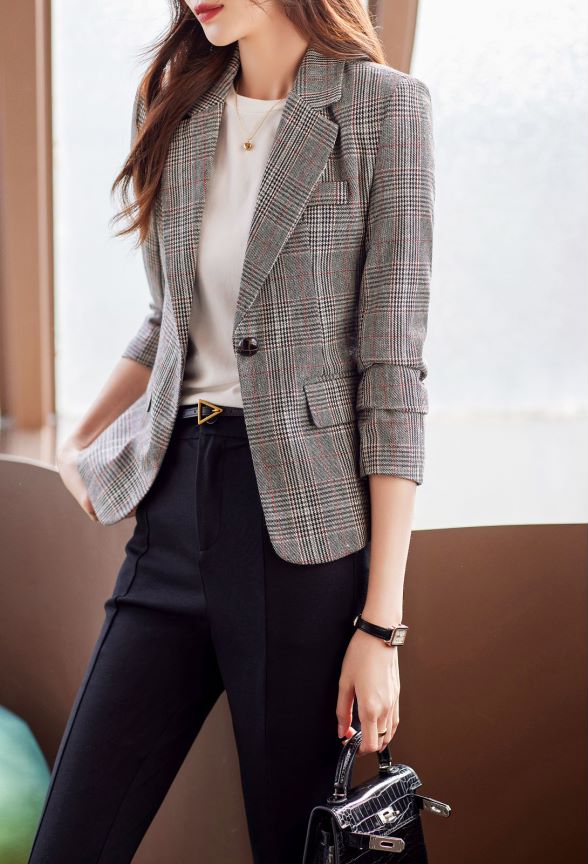 Long Sleeve Collar Smart Casual Checks Coat (Retail)