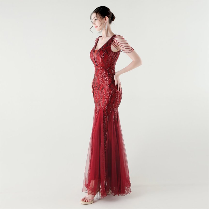 Fashion Crystal Beads with Splits Tail Evening Gown (Red) (Made To Order)