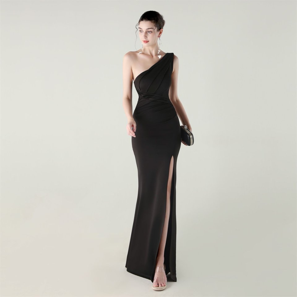 One Side Shoulder Pleated Evening Gown (Black) (Made To Order)