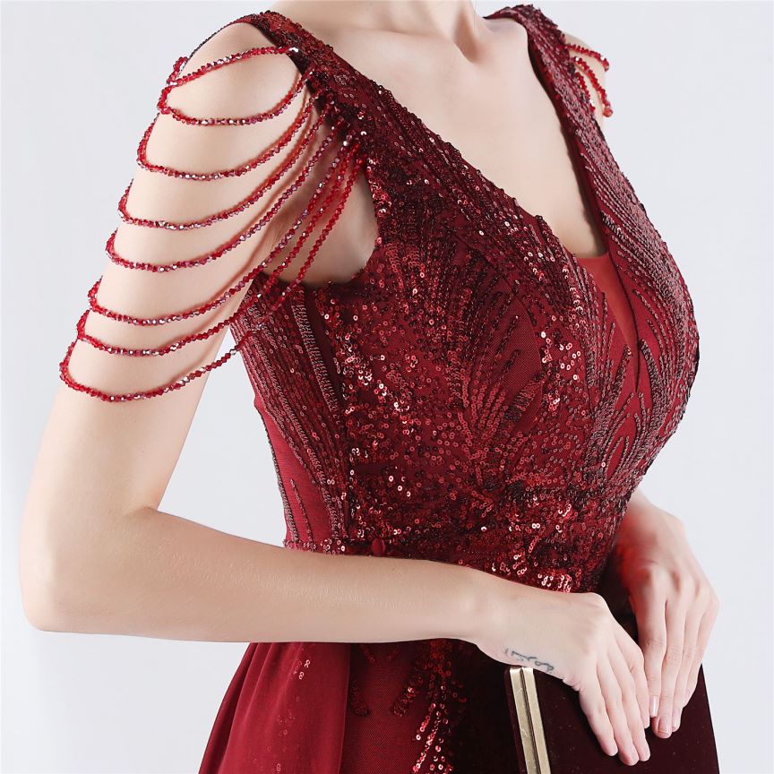 Elegant Crystal Beads Sequins Mermaid Cape Skirt Gown (Burgundy) (Made To Order)