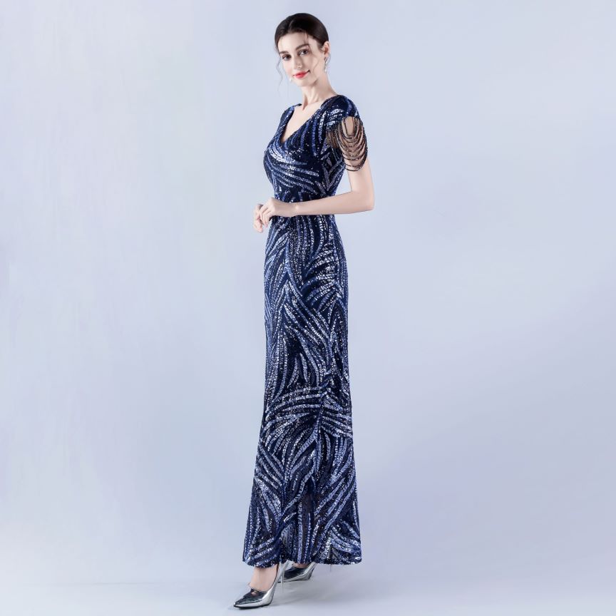Sleeve Beads Sequins with A Line Evening Gown (Navy Blue) (Made To Order)