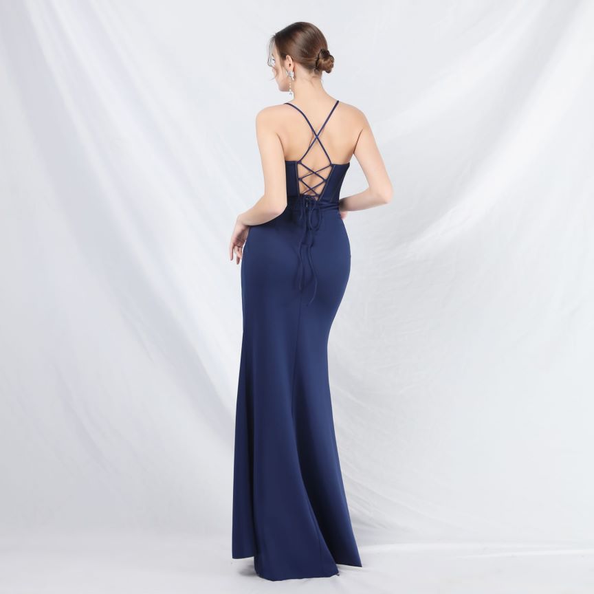 Spaghetti Back Cross Overlap Slit Evening Gown (Made To Order) (Navy Blue)