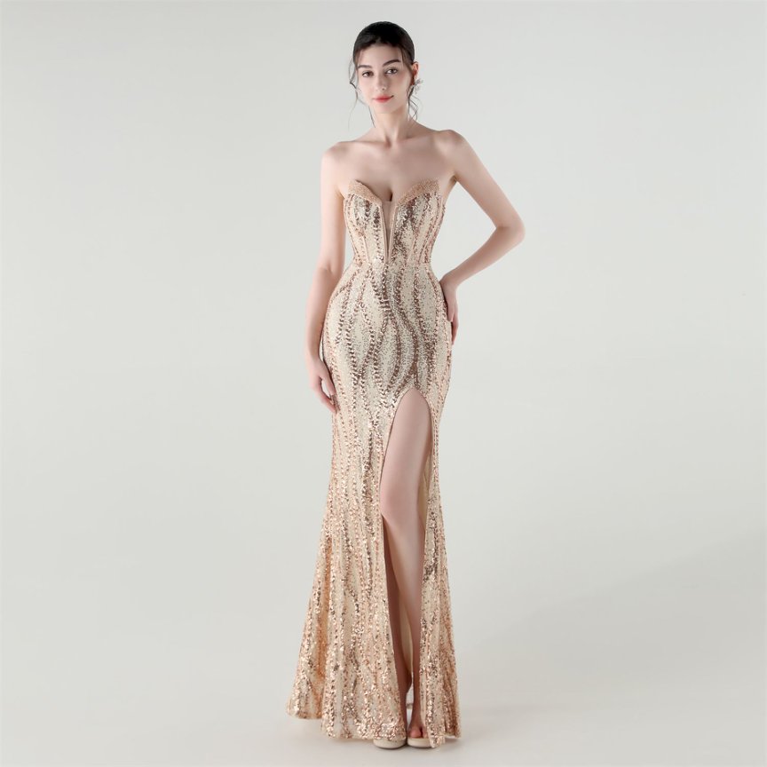 Strapless Sequins High Slit Evening Gown (Gold) (Made To Order)