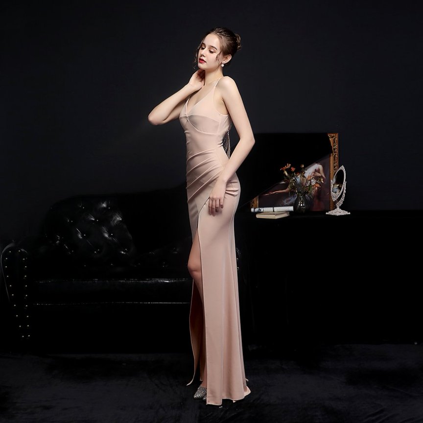 Spaghetti V Neck With Back Chain Evening Gown (Beige) (Made To Order)