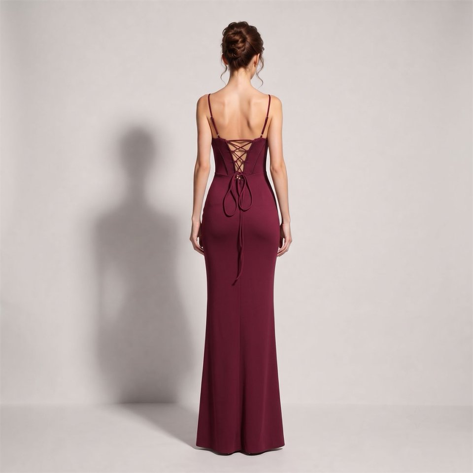 Spaghetti Ruched Corset Slit Evening Gown (Maroon) (Made To Order)