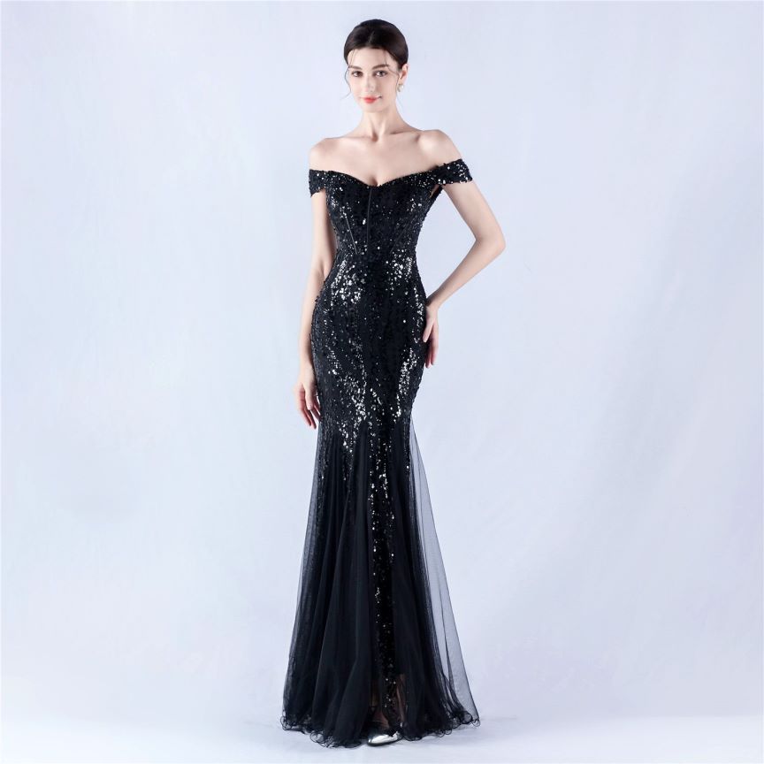 Off Shoulder Sequins Tulle Evening Gown (Black) (Made To Order)