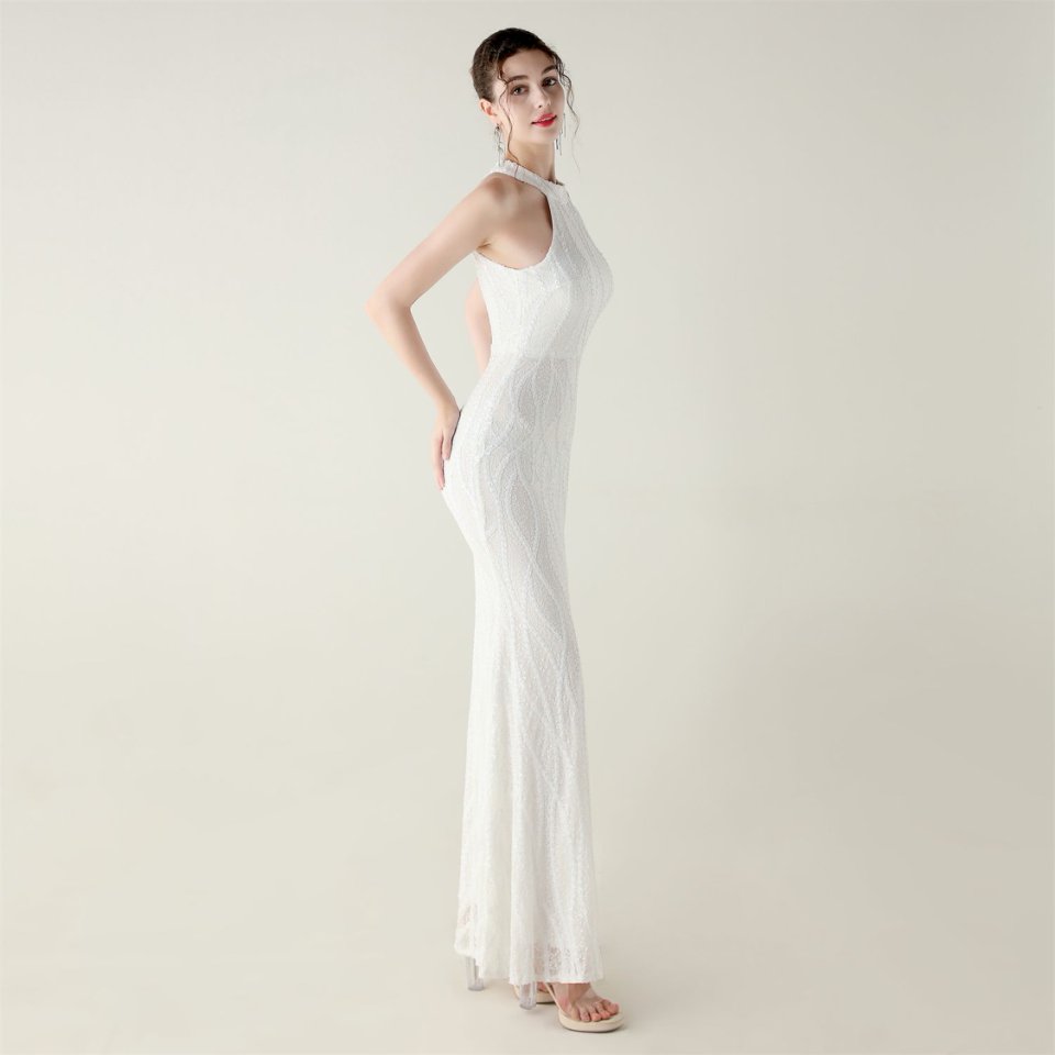 Halter Neck Sequins Backless Fitted Evening Gown (White) (Made To Order)