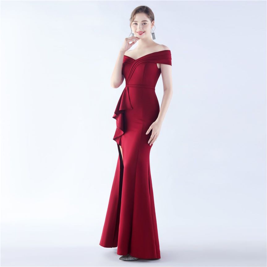 Off Shoulder Ruffles With Split Slit Evening Gown (Burgundy) (Made To Order)