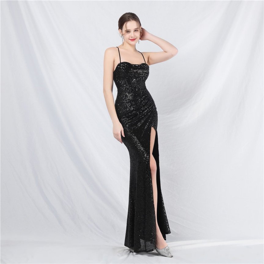 Sequins Back Cross with Overlap Slit Evening Gown (Black) (Made To Order)