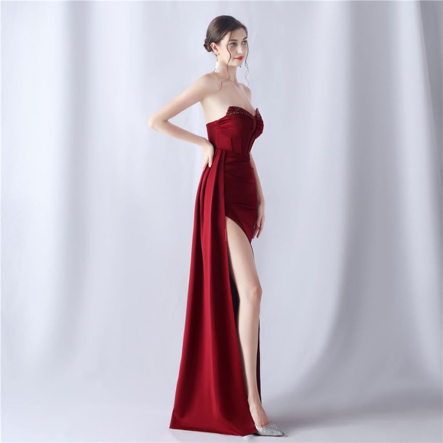 Strapless Sexy Corset With Side Split Evening Gown (Maroon) (Made To Order)