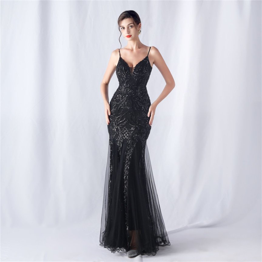 Spaghetti Sequins White Gown with Tulle Skirt Evening Gown (Black) (Made To Order)