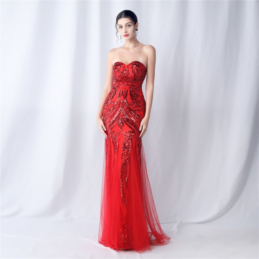 Strapless Sequins Frills Evening Gown (Red) (Made To Order)
