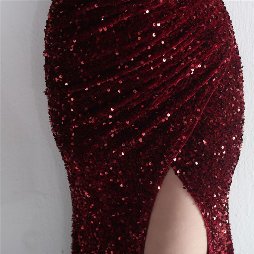 One Side Shoulder Sequins with Overlap Slit Evening Gowns (Burgundy) (Made To Order)