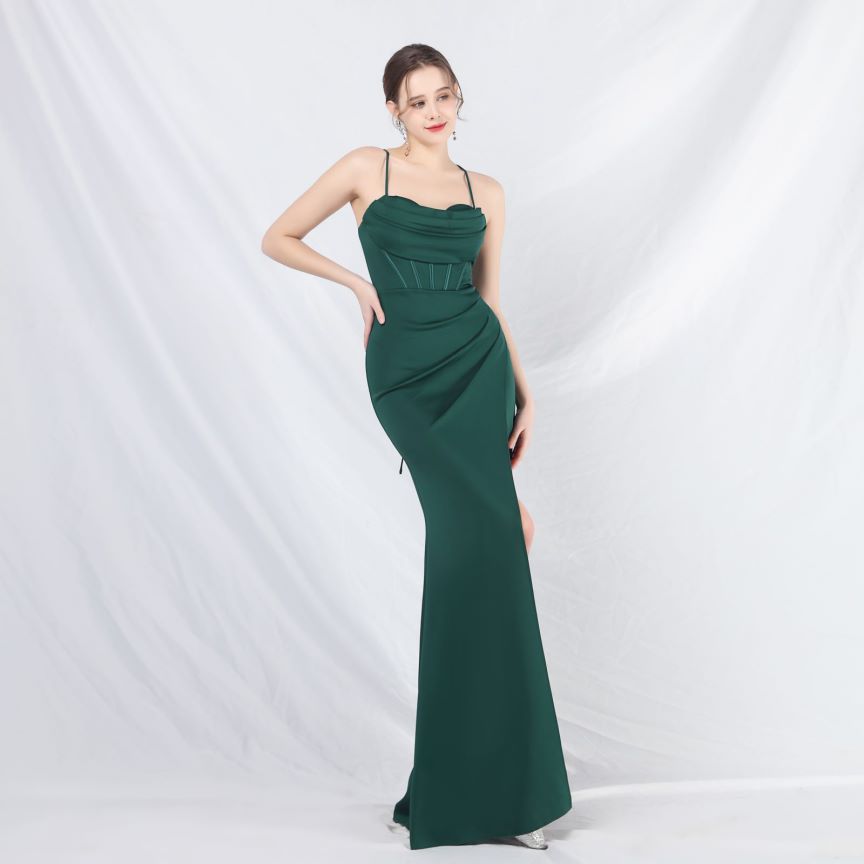 Spaghetti Back Cross Overlap Slit Evening Gown (Made To Order) (Green)