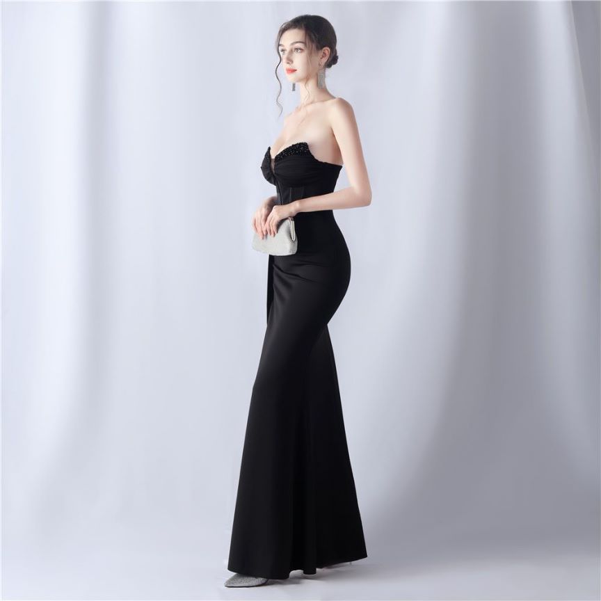 Strapless Sexy Corset With Side Split Evening Gown (Black) (Made To Order)