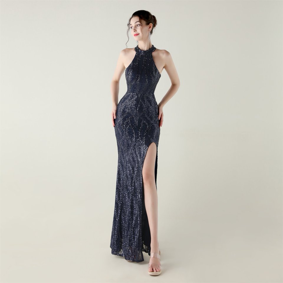 Halter Neck Sequins Backless Fitted Evening Gown (Navy Blue) (Made To Order)