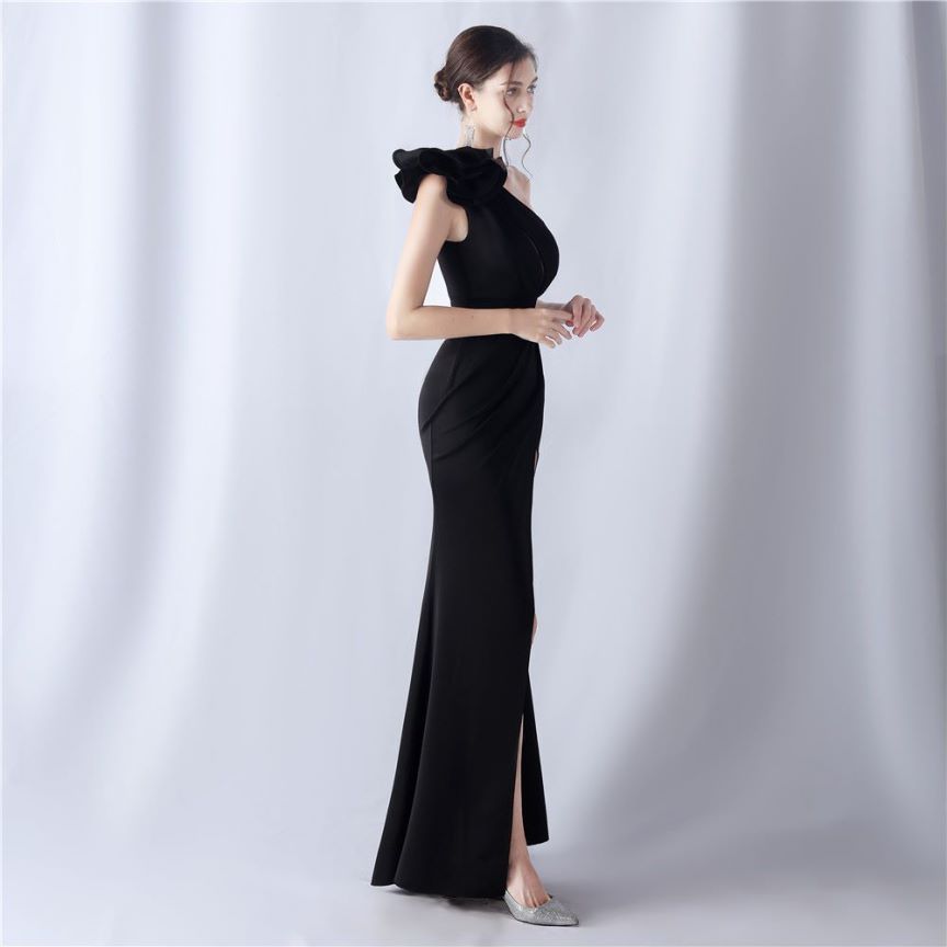 Glamorous One Side Shoulder with Overlap Slit Evening Dress (Black) (Made To Order)
