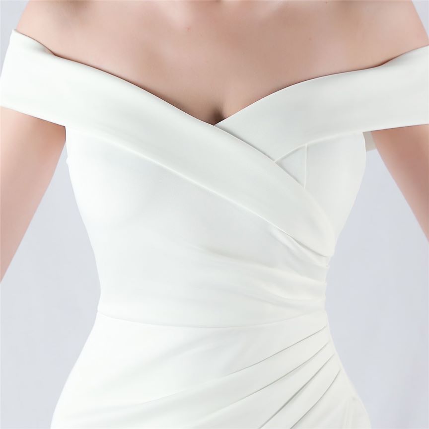 Pleated Off Shoulder Slim Evening Dress (White) (Made To Order)