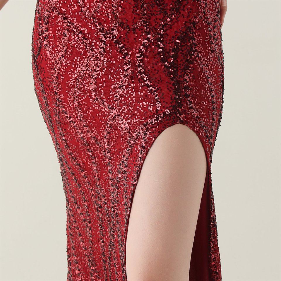 Halter Neck Sequins Backless Fitted Evening Gown (Red) (Made To Order)