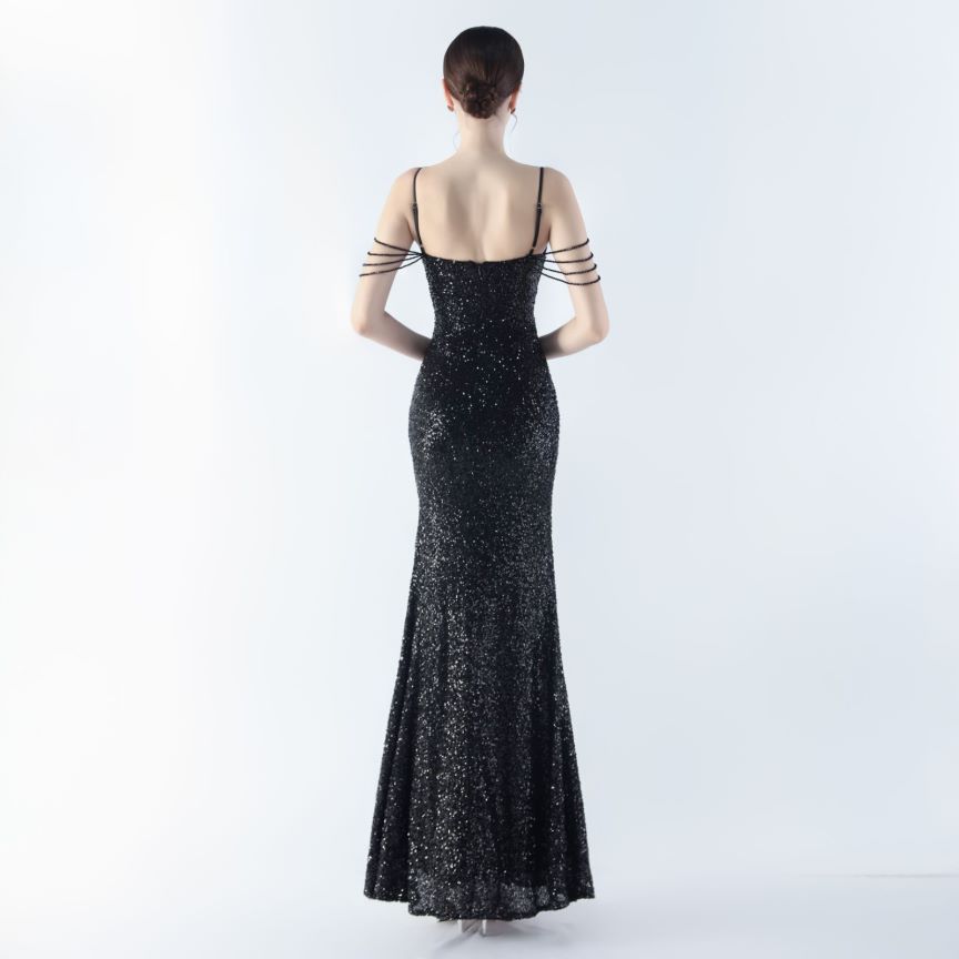 Spaghetti Padded Sequins Slit Gown (Black) (Made To Order)