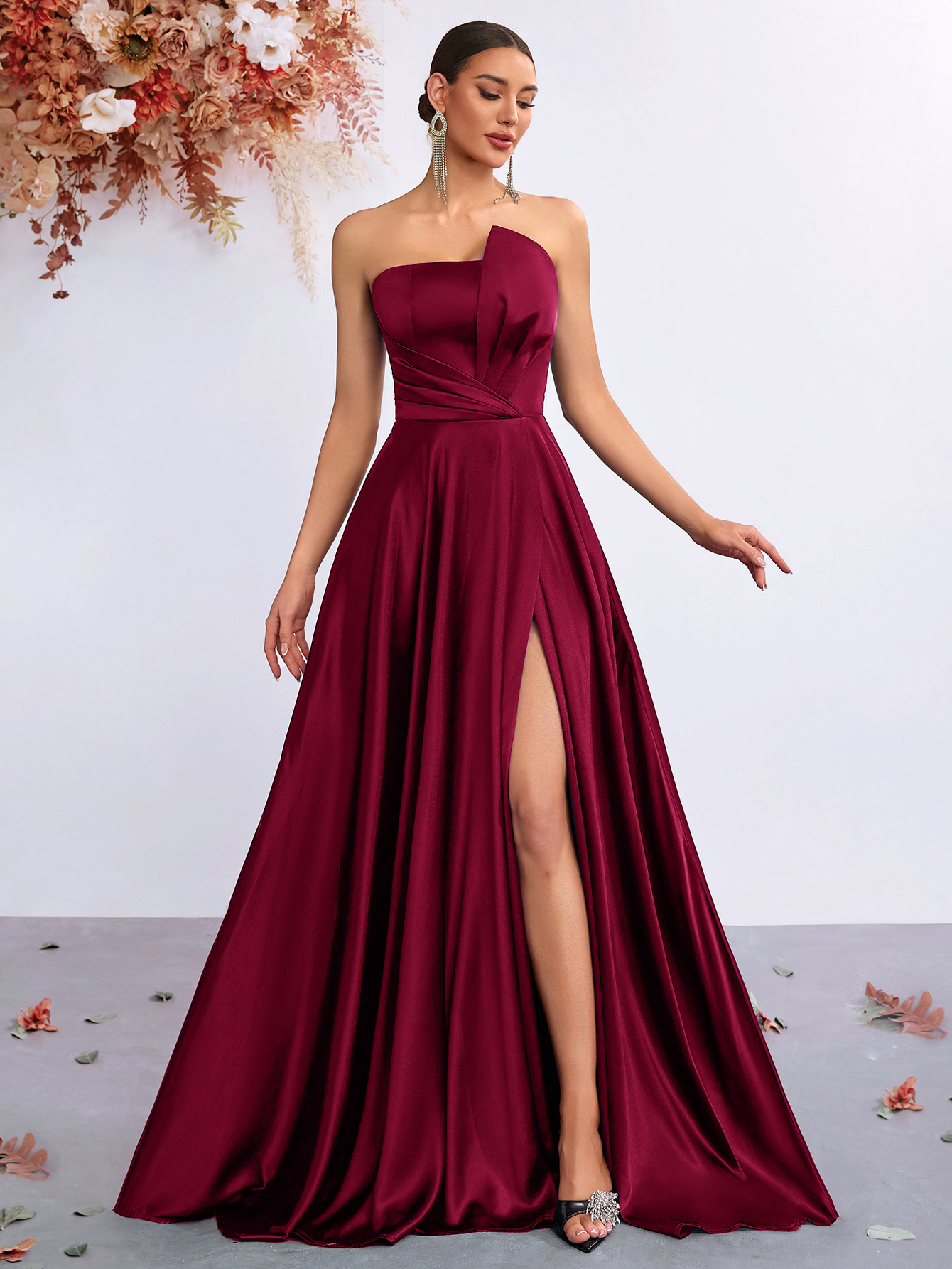 Strapless Satin A-Line Evening Gown (Maroon) (Retail)