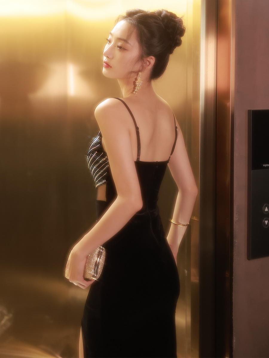 spaghetti velvet gown