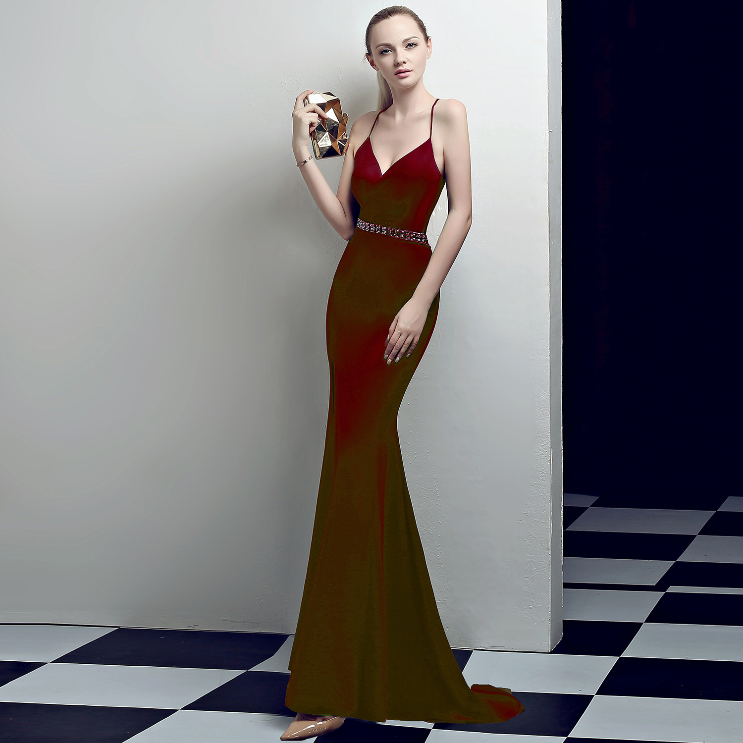 Sexy Slim Low Back Party Evening Gown (Maroon) (Retail)