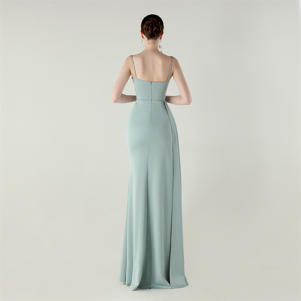 Spaghetti Pleated Waist Evening Gown (Lake) (Make To Order)