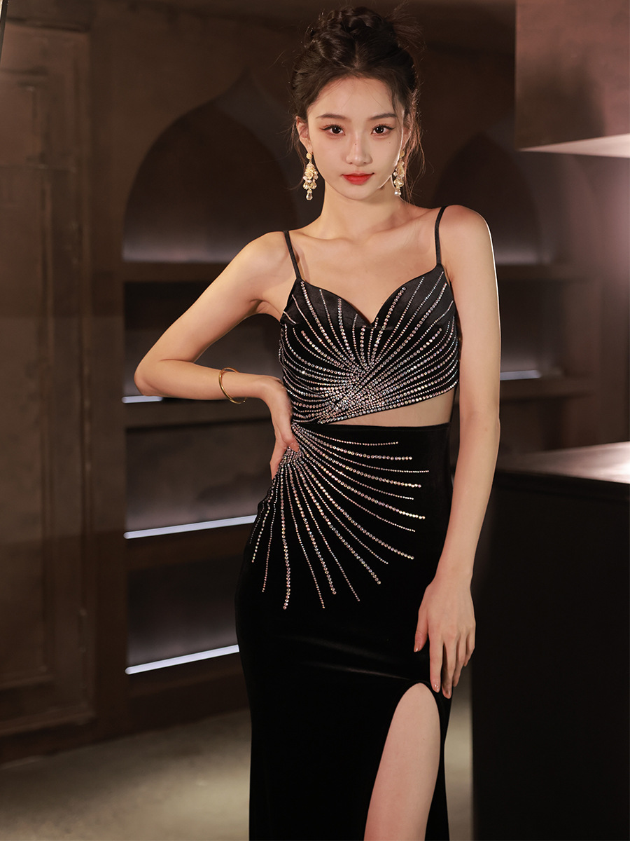 spaghetti velvet gown