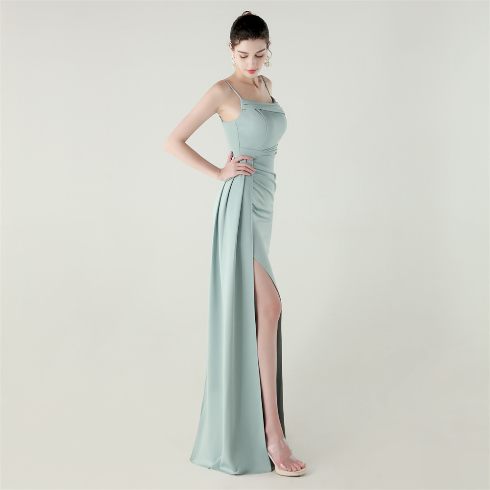 Spaghetti Pleated Waist Evening Gown (Lake) (Make To Order)