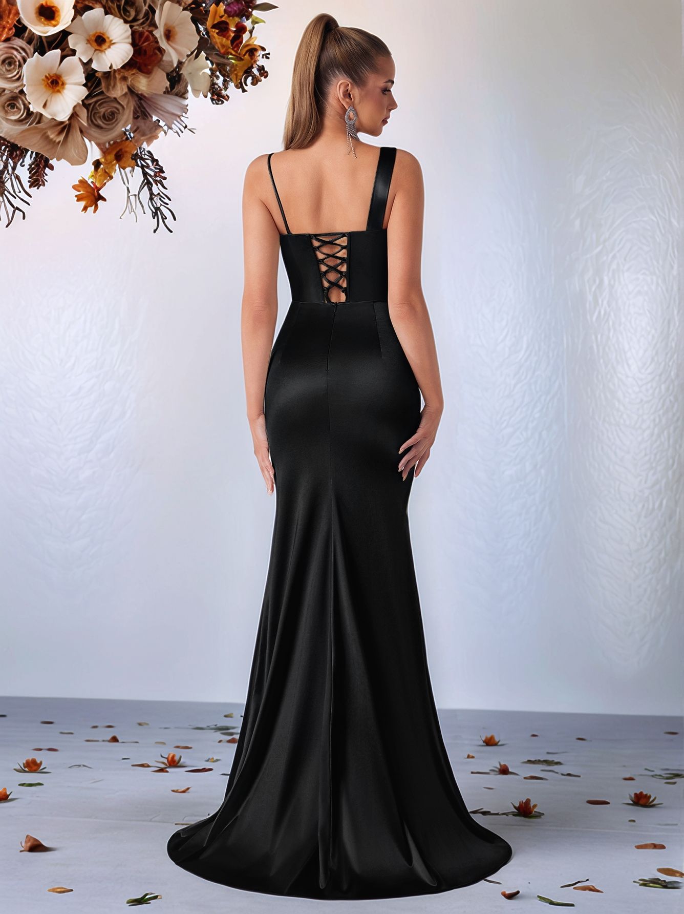 Assymetric Neckline Satin Overlap Slit Evening Gown (Black) (Retail)