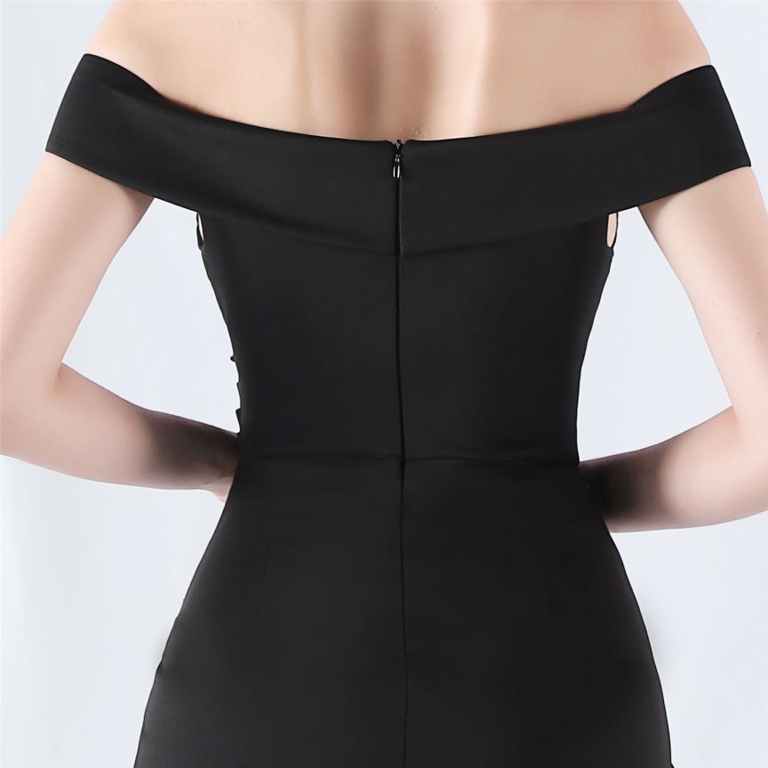 Pleated Off Shoulder Slim Evening Dress (Black) (Made To Order)