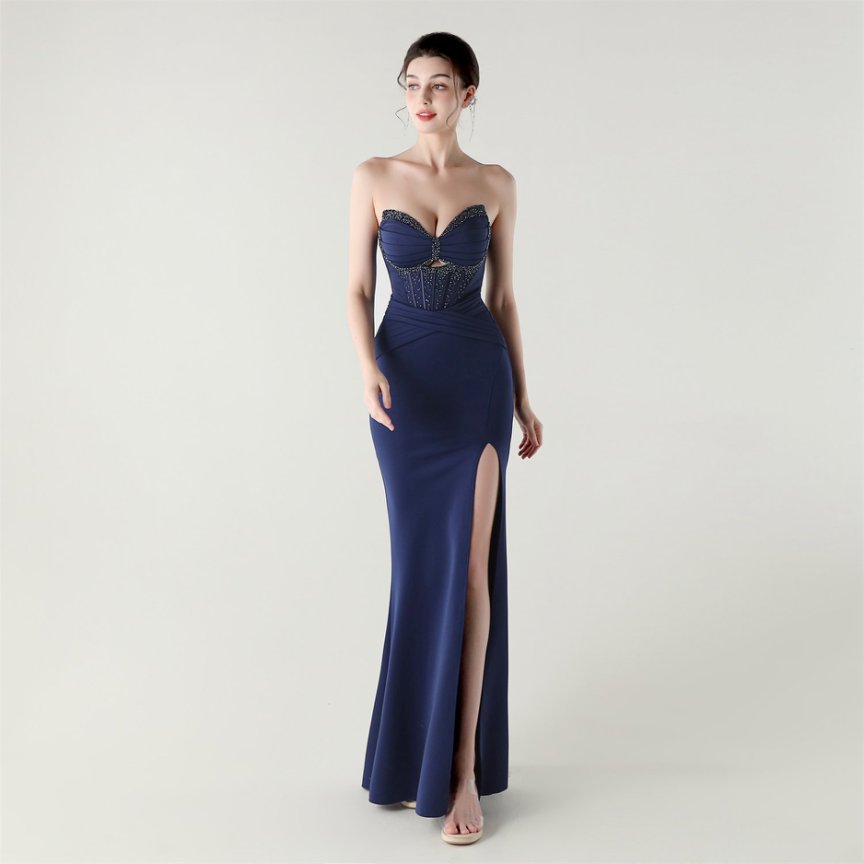 Strapless Rhine Stones Pleated Corset Evening Gown (Navy Blue) (Made To Order)