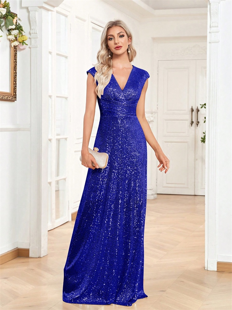 Sleeveless Sequins V-Neck Sequins Royal Blue Gown (Made to Order)