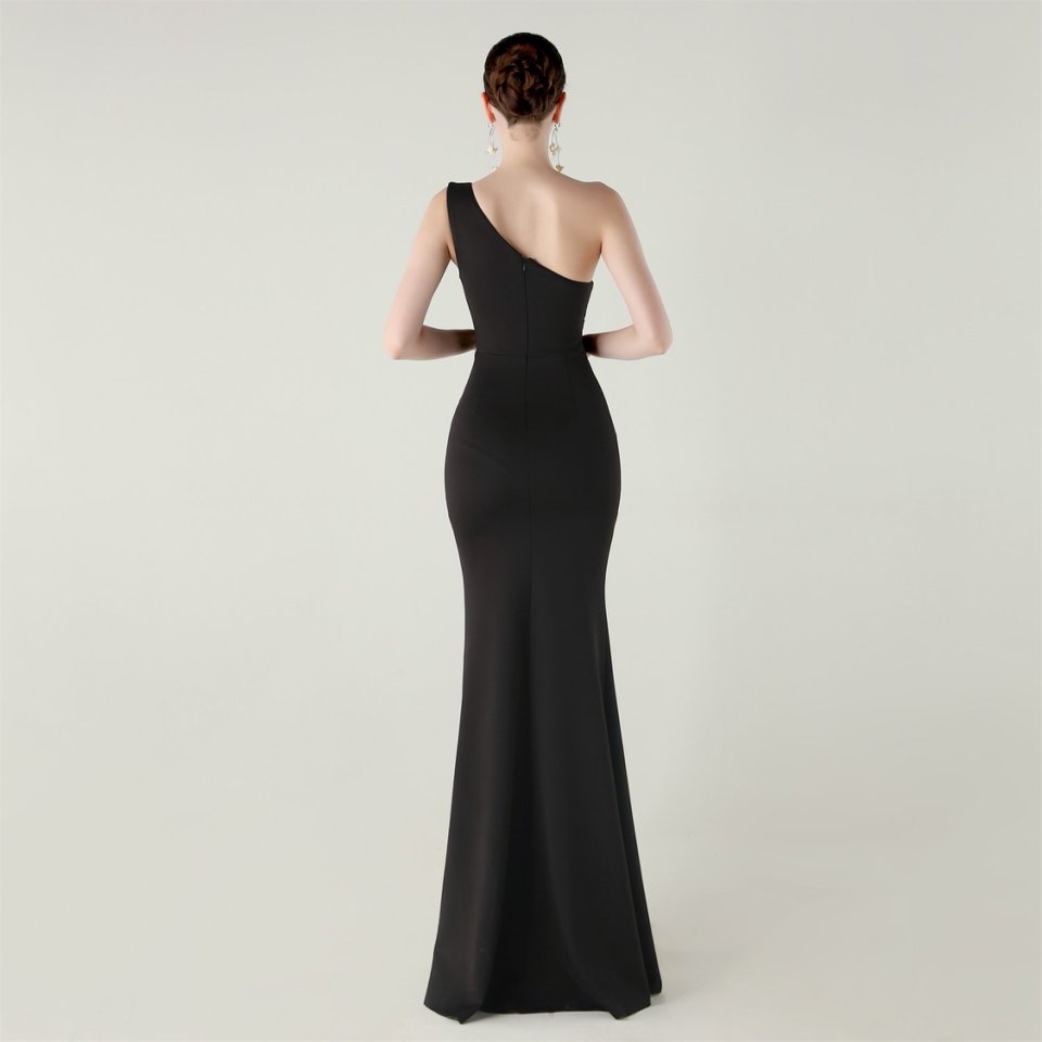 One Side Shoulder Pleated Evening Gown (Black) (Made To Order)
