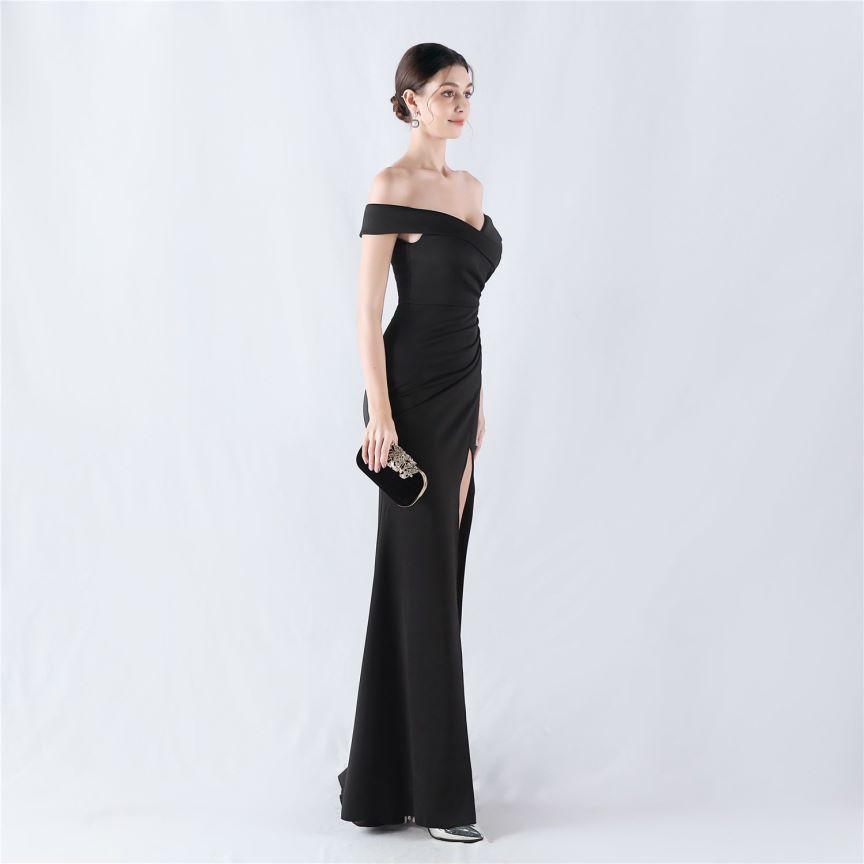 Pleated Off Shoulder Slim Evening Dress (Black) (Made To Order)