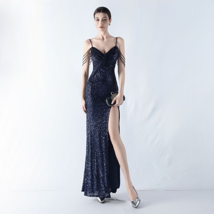 Spaghetti Padded Sequins Slit Gown (Navy Blue) (Made To Order)