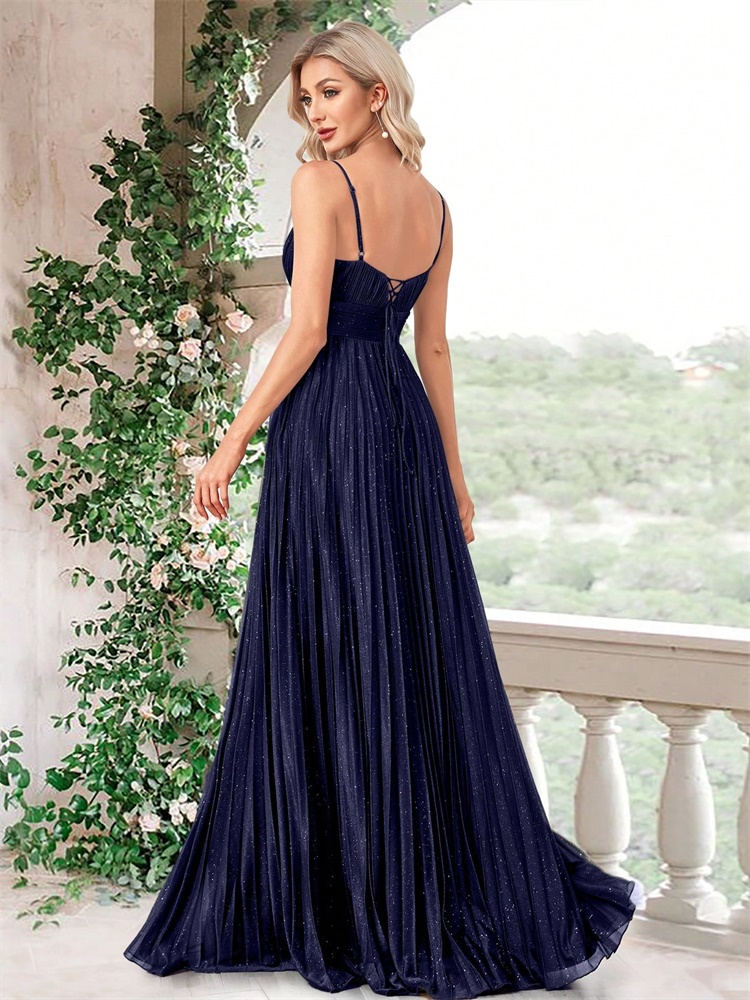 Spaghetti Pleated Empire Waist Evening Gown (Navy Blue) (Made To Order)