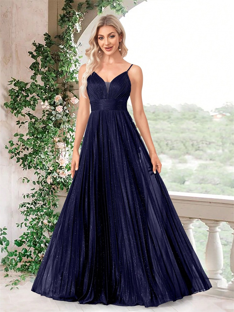 Spaghetti Pleated Empire Waist Evening Gown (Navy Blue) (Made To Order)