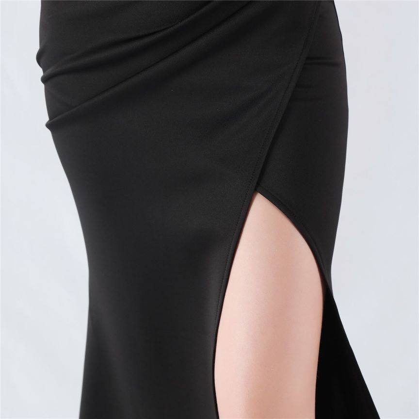 Pleated Off Shoulder Slim Evening Dress (Black) (Made To Order)