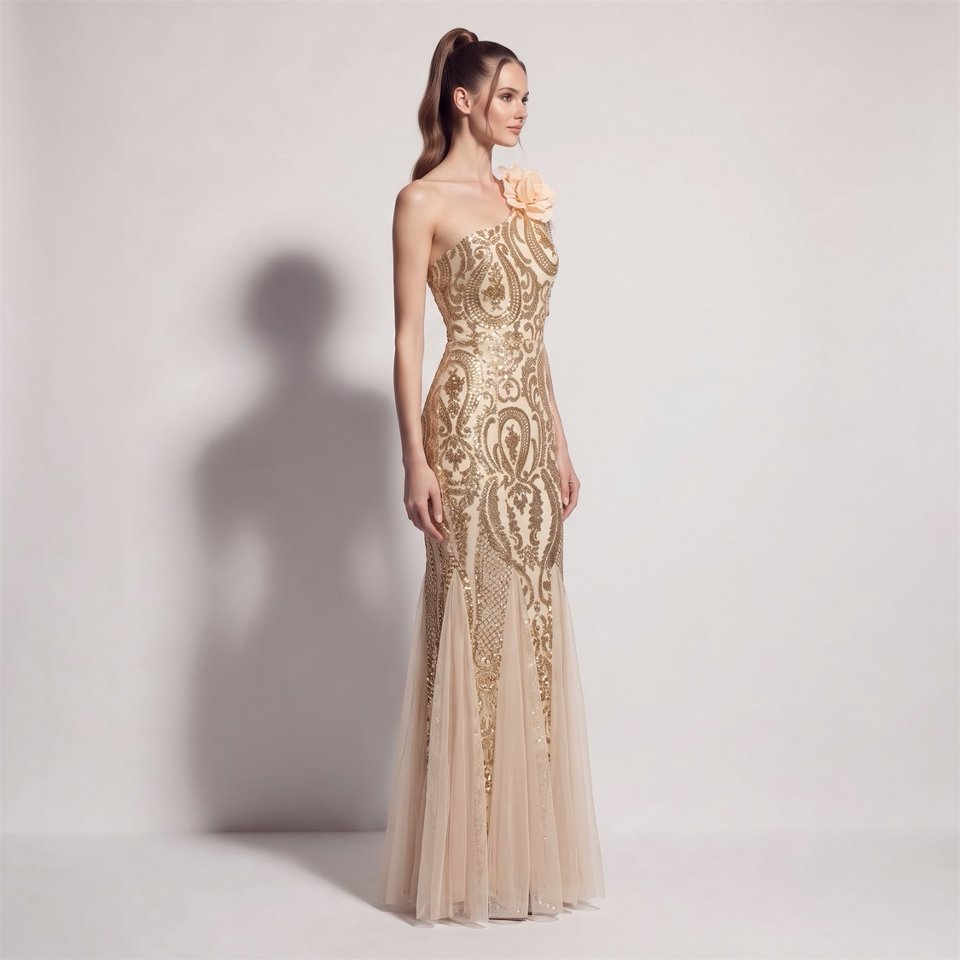 One Side Shoulder Flowering with Crystal Beads Evening Gown (Gold) (Made To Order)