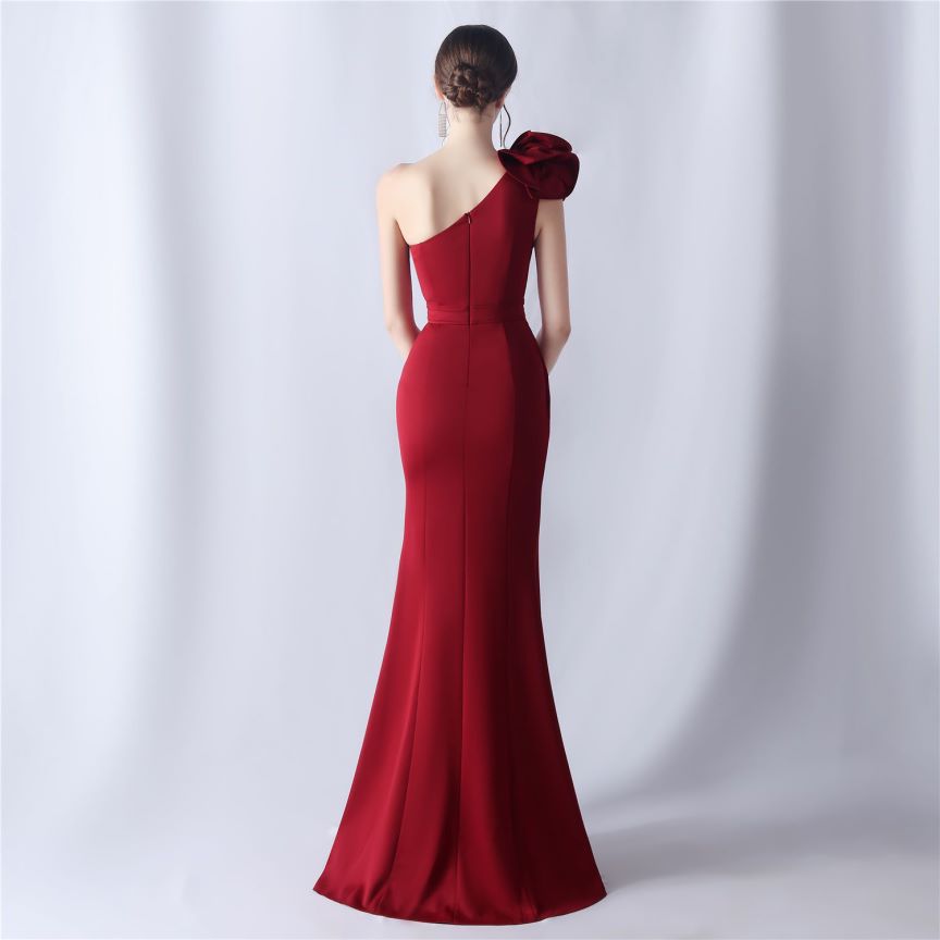 Glamorous One Side Shoulder with Overlap Slit Evening Dress (Maroon) (Made To Order)