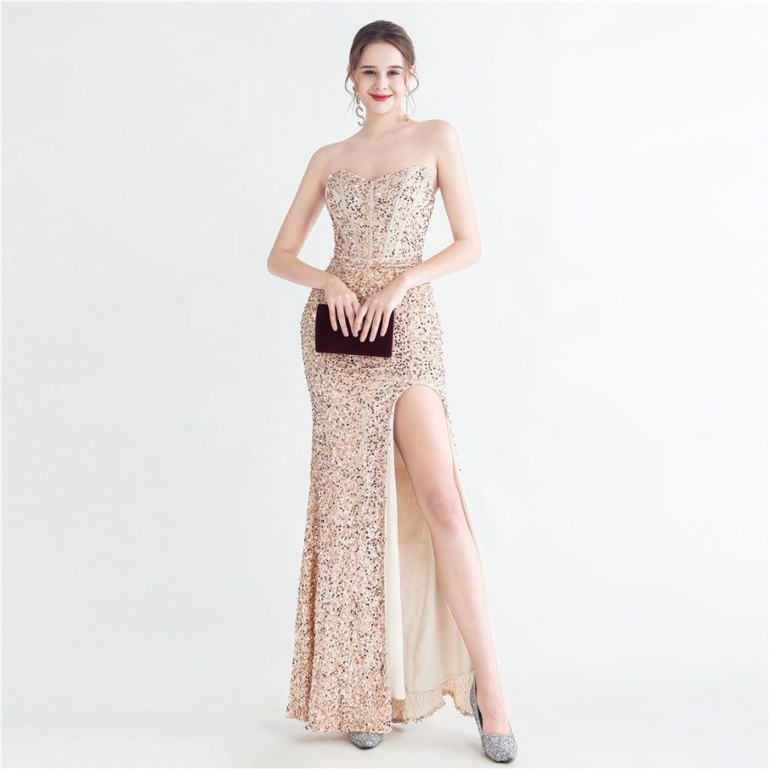 Strapless Corset Sequins with High Slit (Gold) (Made To Order)
