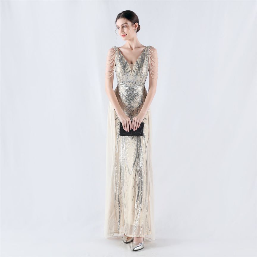 Elegant Crystal Beads Sequins Mermaid Cape Skirt Gown (Silver) (Made To Order)