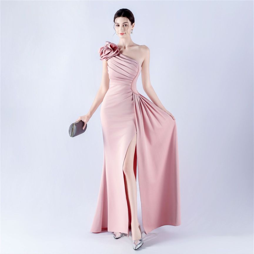 Gorgeous One Side Shoulder Evening Gown (Light Pink) (Made To Order)