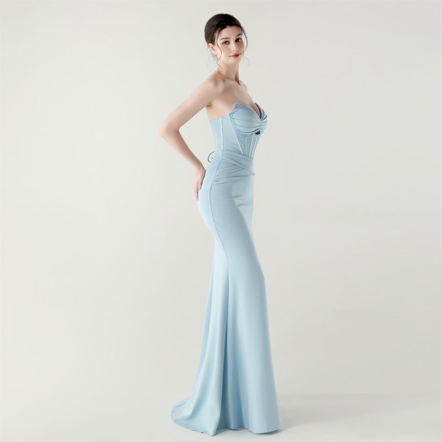 Strapless Rhine Stones Pleated Corset Evening Gown (Baby Blue) (Made To Order)