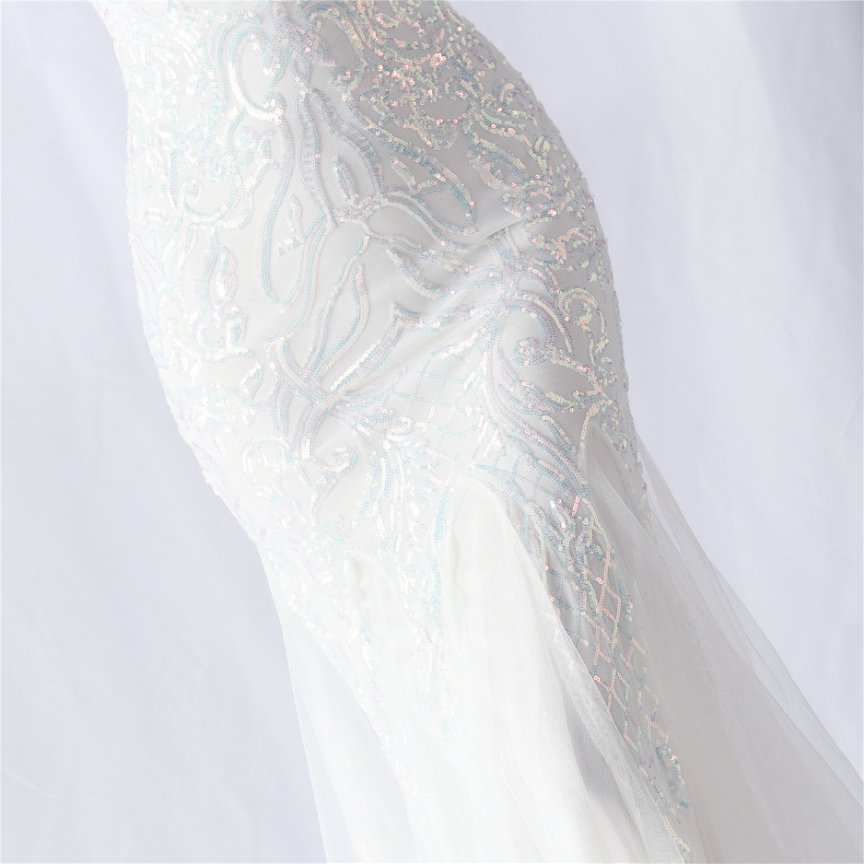 Spaghetti Sequins White Gown with Tulle Skirt Evening Gown (Made To Order)